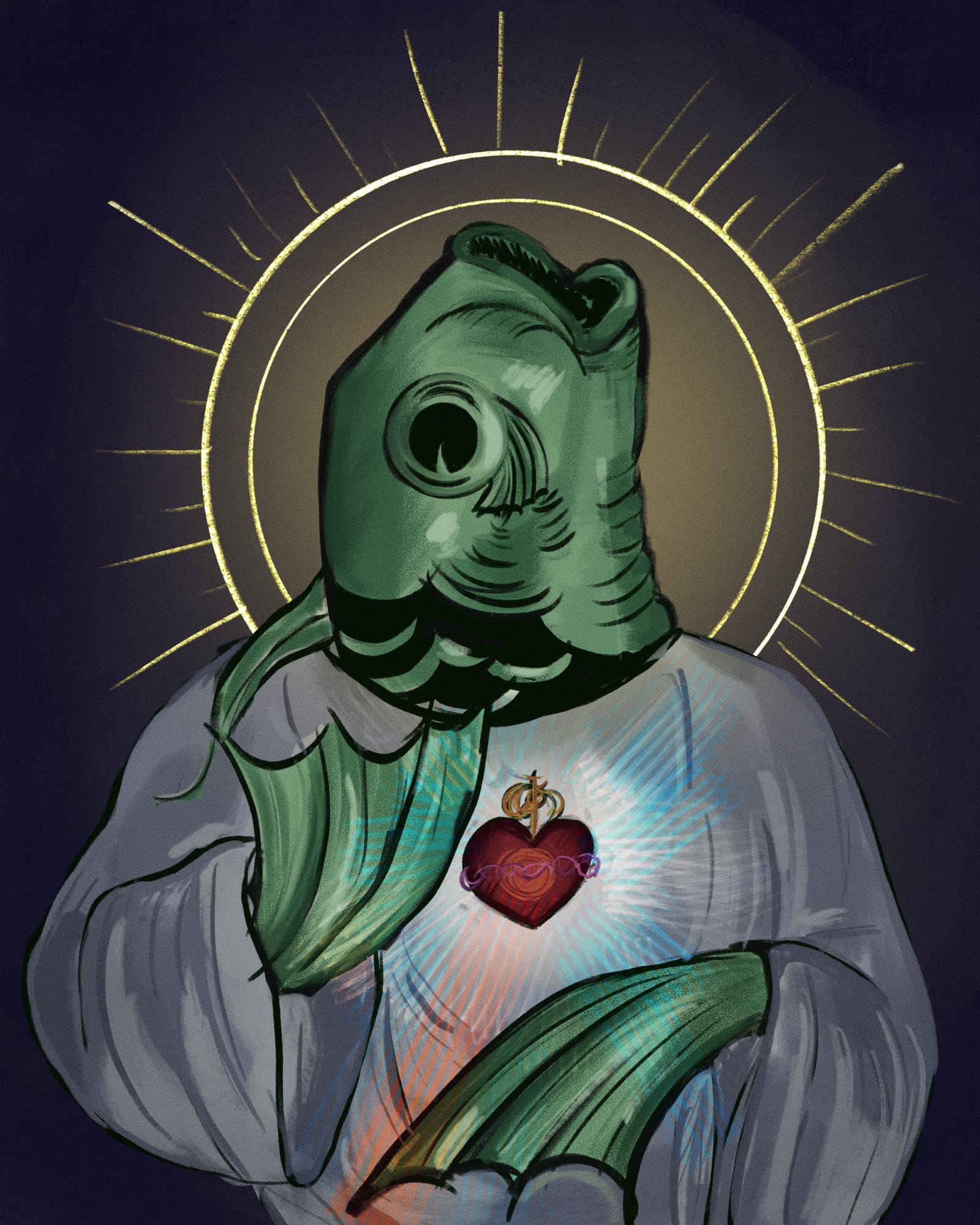 Jesús-pez con aureola dorada y sagrado corazón