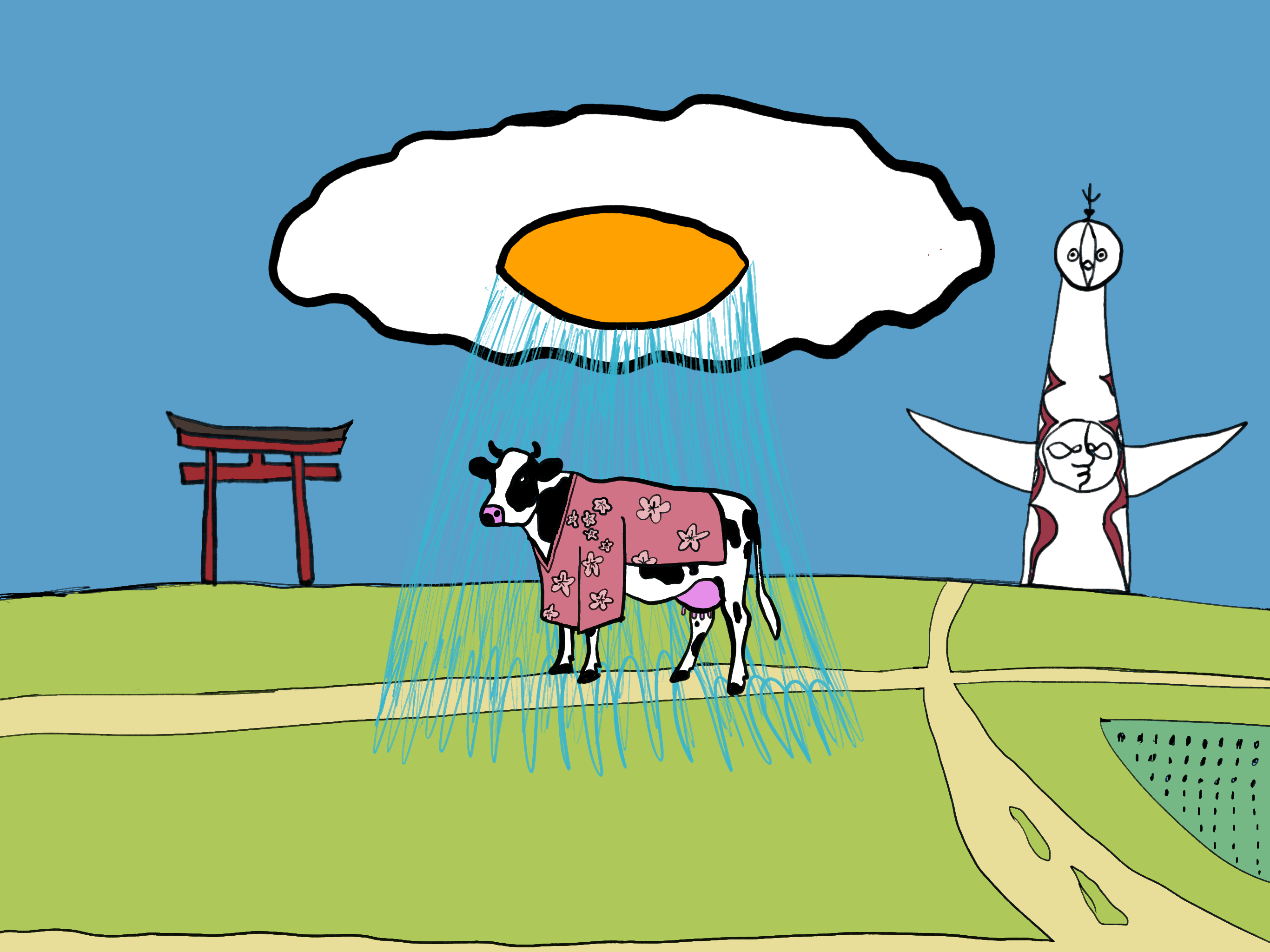 La vaca de la lluvia con kimono rosa bajo una nube-huevo frito, junto al torii rojo